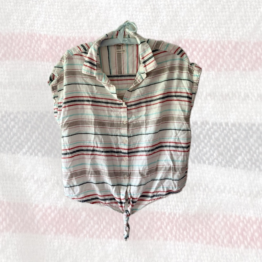 [Washable Linen] Button Tie Front Shirt